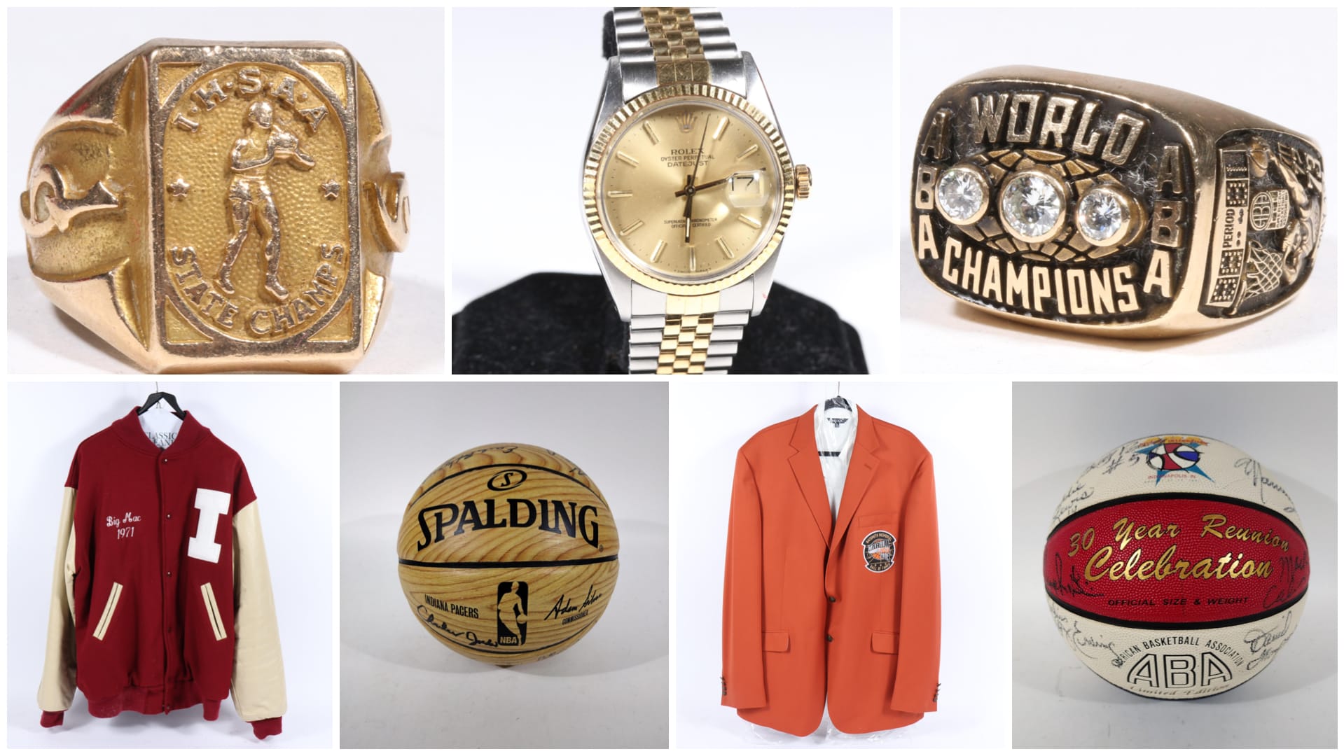 Top row from left, high school championship ring, Rolex, ABA championship ring; bottom row, from left, Indiana University letter jacket, Pacers signed ball, Hall of Fame jacket, signed ABA ball. (Photos courtesy of Ripley Auctions)